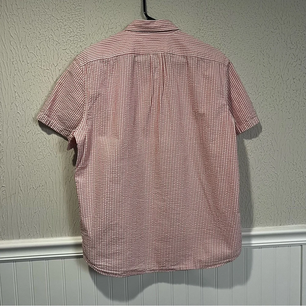 J. Crew Pink and White Seersucker Button Down Short Sleeved Shirt size Large